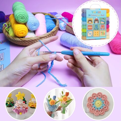 Yarniss Crochet Yarn Kits, 100% Acrylic Yarn Skeins 24x25g, Multicolor Knitting Yarn 1320 Yards with 4.0mm Crochet Hook in Kuwait