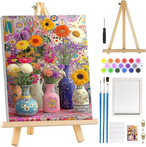 Mogtaa Cat Paint by Numbers Kit للمبتدئين في المبتدئين مع الإطار ، والزهور الطلاء الكبار من أدوات الأرقام على القماش مع الحامل ، وأطقم الطلاء الزيتية DIY سهلة للديكور المنزلي ، 8x12in in Kuwait
