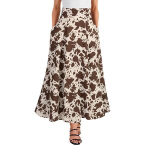 Rooscier Women's Elastic High Waist Tie Knot Back A-Line Flared with Pockets Long Skirt in Kuwait