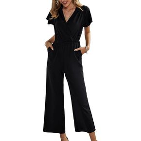 ECOWISH Womens Jumpsuits 2023 Tie Waist V Neck Jumpsuits Wide Leg Pants Casual Romper with Pockets in Kuwait