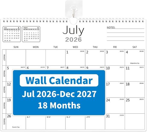 Calendar 2026-2027, Wall Calendar 2026-2027 From January 2026 To June 2027 18 Months, 14.7" x 11" Paper Calendars with Julian Date and Blank Block for New Year Christmas Gifts in Kuwait