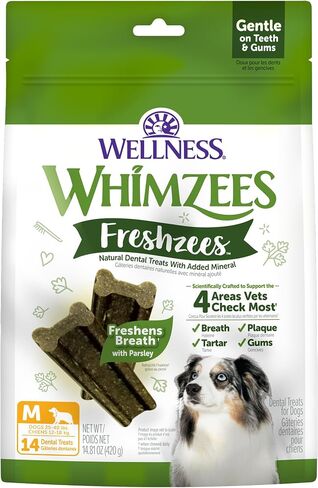 Whimzees Wellness Freshzees Dog Dental Treats ، Phems Natural ، عصا متوسطة الحجم ، (14 عدد) in Kuwait
