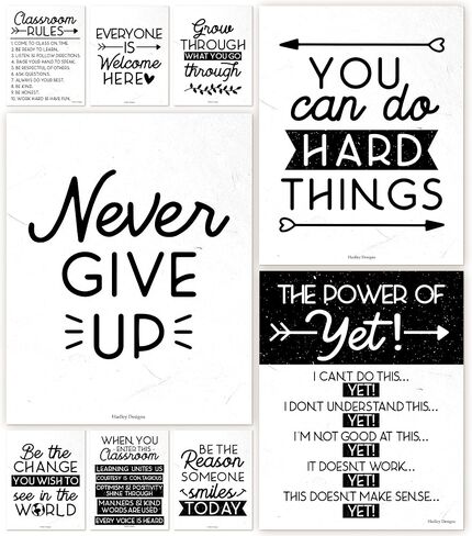 9 Black & White Motivational Posters - Welcome Sign, Growth Mindset, Classroom Rules & Decoration for Elementary & Middle School Bulletin Boards in Saudi Arabia