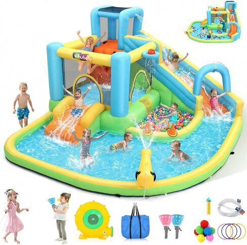 Whubefy Bound House Mater Slide for Kids 3-12 W/bower ، Waterslide 12.8x12ft waterpark مع منطقة القفز ، الكرة ، حلقات إرم ، مكبرات الماء ، 10 ملحقات ، عقد ل 8 أطفال ، PVC Water Bounce in Kuwait