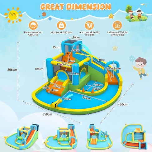 Whubefy Bound House Mater Slide for Kids 3-12 W/bower ، Waterslide 12.8x12ft waterpark مع منطقة القفز ، الكرة ، حلقات إرم ، مكبرات الماء ، 10 ملحقات ، عقد ل 8 أطفال ، PVC Water Bounce in Kuwait