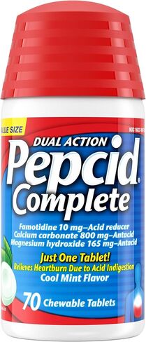 Pepcid Complete Acid Reducer + Antacid Chewables, 10mg Famotidine, 800mg Calcium Carbonate & 165mg Magnesium Hydroxide per Heartburn Medicine Tablet, Antacid Chews, Mint, 70 ct in Kuwait