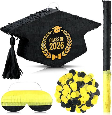 HyDren 2025 Graduation Piñata Decorations 16 Inch Class of 2025 Graduation Cap Piñata with Blindfold Bat and Confetti for College Middle School Elementary Congrats Grad Party Supplies(Classic Style) in Kuwait