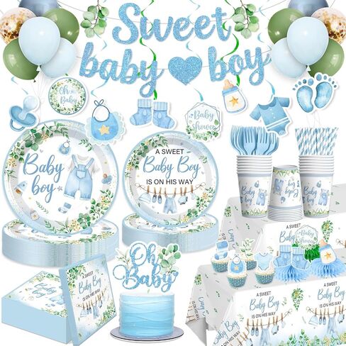 201PCS Greenery Baby Boy Dust Decorations مجموعة أدوات المائدة ، 25 يقدم اللوحات والمناديل التي يمكن التخلص منها ، مع 2pcs tableloth ، topper cake ، banner ، balloons for baby decorations boy in Kuwait