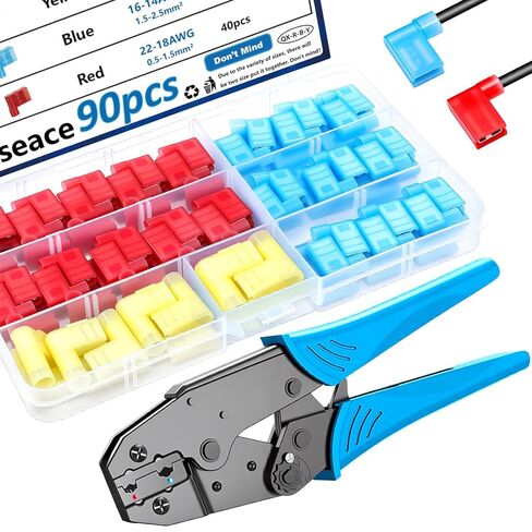 smseace 81pcs Right Angle Spade Connectors with Flag Terminal Crimper 22-18/16-14/12-10AWG Quick Disconnect Flag Connector + Electrical Crimping Tool for right angle spade connector in Kuwait