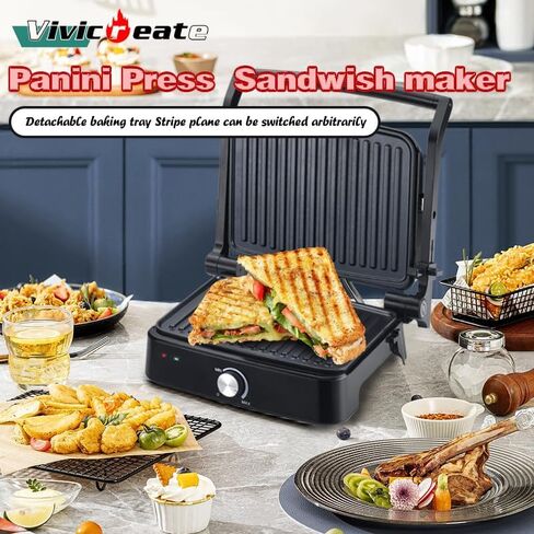 Vivicreate 5 in 1 Contact Grill, Stainless Steel Panini Press and Sandwich Maker, Nonstick Double Sided Grill and Griddle Plate, Electric Grill in Saudi Arabia