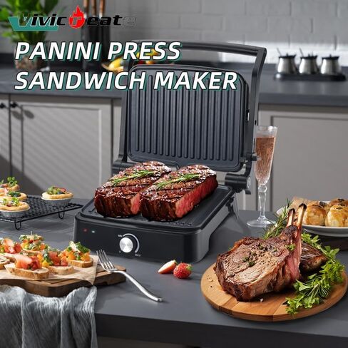 Vivicreate 5 in 1 Contact Grill, Stainless Steel Panini Press and Sandwich Maker, Nonstick Double Sided Grill and Griddle Plate, Electric Grill in Saudi Arabia