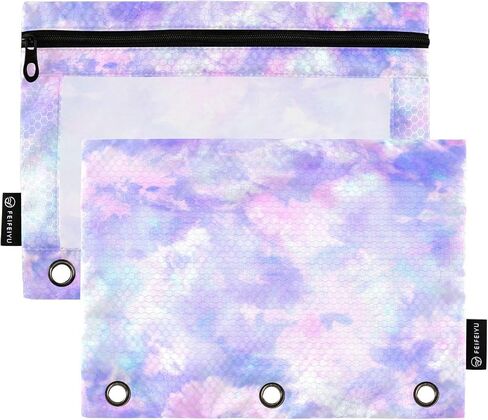 Purple Tie-dye Print Pencil Pouch for 3 Ring Binder，Zippered Pencil Case with Clear Window Organizers Bag 2 Packs in Kuwait