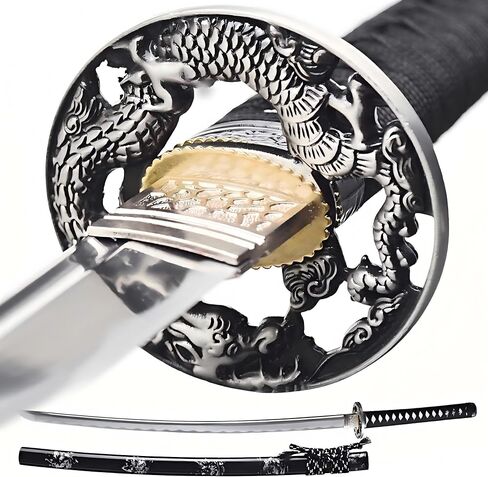 YONG XIN SWORD-سيف كاتانا الساموراي، صناعة يدوية يابانية، عملي، دمشق/1060/1095 فولاذ كربوني، مقسى/طيني، تانغ كامل، حاد، غمد in Kuwait