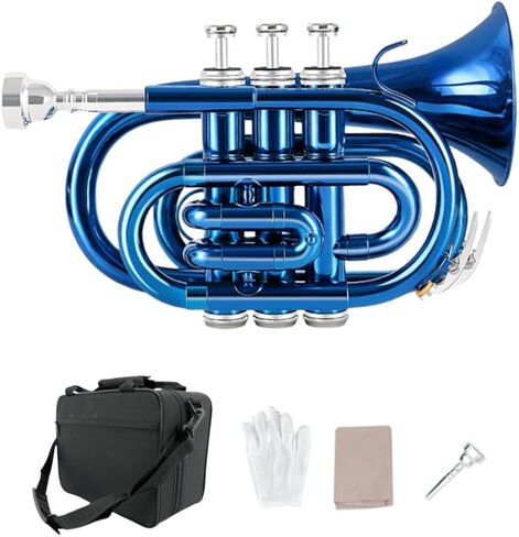 Brass Pocket Trumpet Bb Key Nickel Plated with Mouthpiece 7C, Cleaning Kit, Carrying Case, Gloves for Beginners/Students (Black) in Kuwait