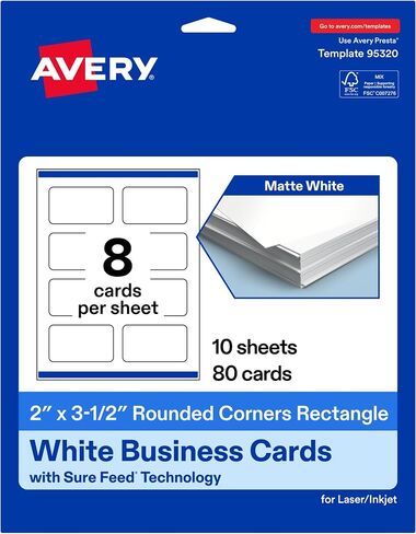 Avery Rectlable Rectangle Corner Business Cards ، Sure Feed Technology ، 2 "× 3-1/2" ، بطاقة أبيض غير لامعة ، طباعة إلى الحافة ، ليزر/نفث الحبر ، 80 إجمالاً in Kuwait