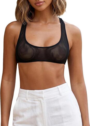 Women's Sleeveless Mesh Sheer Cropped Athletic Shirt See Through Racerback Tops in Kuwait
