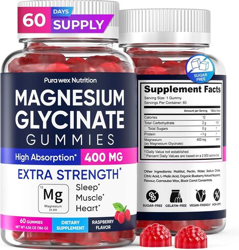 Magnesium Glycinate Gummies 400mg, High Absorption Magnesium Supplement for Women, Men and Kids, Muscle Support and Relaxation, Sugar Free, Vegan, 60 Days Supply, Raspberry Flavor in Saudi Arabia
