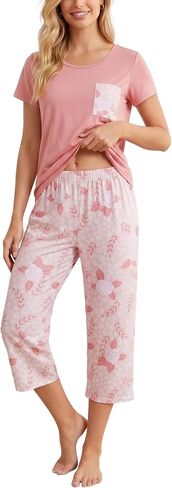 HONG HUI Women's Capri Pajama Sets Plus Size Sleepwear Top with Capri Pants 2 Piece Sleep Set in Kuwait