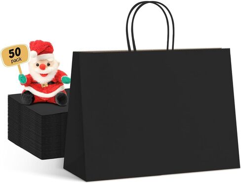METRONIC 16X6X12 Inch Large Black Paper Bags 50 Pack, Kraft Gift Paper Bag with Handles, Shopping Bags for Small Business, Boutique, Gift Wrap, Bulk in Kuwait