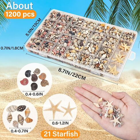 1200 PCS Tiny Seashells& 21 Starfish Mixed Bulk Beach Small Shells for Home Decor, Beach Theme Party Decorations, Fish Tank Aquarium Decor, Sea Shells for Crafting Vase Filler, Beach Candle in Kuwait
