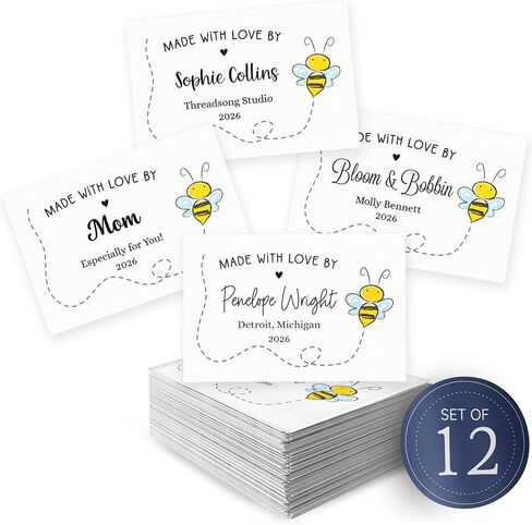 Personalized Cotton Fabric Tags 2"x3" Each | Custom Sewing Labels, Set of 12 Labels – Sew On or Iron On – Gift for Quilters, Knitters, Grandma – Machine Washable Quilt Tags - Cute Buzzing bee in Kuwait