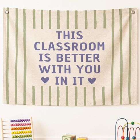QROZIAR Boho Classroom Decor for Teacher, Pastel Classroom Must Haves Wall Decor, Welcome Sign Back To School Canvas Wall Flags for Nursery Classroom, This Classroom Is Better With You In It in Kuwait