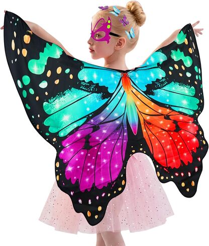 Butterfly Costume for Girls Fairy Wings Kids 4 Pcs(Cape,Skirts,Masks,Hair Clips) Butterfly Wings for Halloween Gifts in Kuwait
