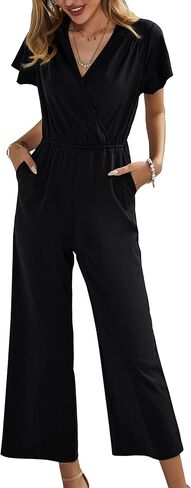 ECOWISH Womens Jumpsuits 2023 Tie Waist V Neck Jumpsuits Wide Leg Pants Casual Romper with Pockets in Kuwait