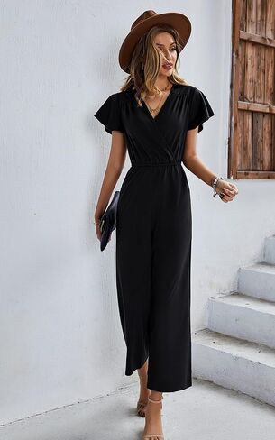 ECOWISH Womens Jumpsuits 2023 Tie Waist V Neck Jumpsuits Wide Leg Pants Casual Romper with Pockets in Kuwait