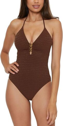 Trina Turk Women's Glimmer Maillot One Piece Swimsuit, Plunge Neck, Bathing Suits in Kuwait