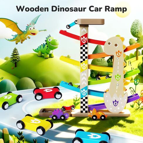 مسار سباق لعبة Wooden Car Ramp للألعاب للأطفال الصغار 1-3 مسار سيارة سباق الديناصورات للسيارات للأطفال الصغار 1 سنة من المهارات الحركية للسباق الصغار. in Kuwait