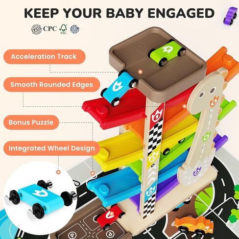 مسار سباق لعبة Wooden Car Ramp للألعاب للأطفال الصغار 1-3 مسار سيارة سباق الديناصورات للسيارات للأطفال الصغار 1 سنة من المهارات الحركية للسباق الصغار. in Kuwait