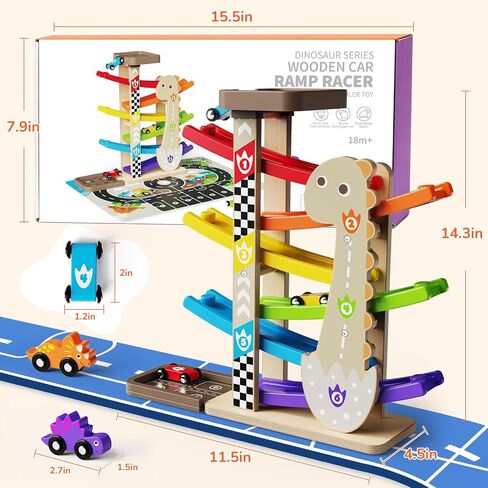 مسار سباق لعبة Wooden Car Ramp للألعاب للأطفال الصغار 1-3 مسار سيارة سباق الديناصورات للسيارات للأطفال الصغار 1 سنة من المهارات الحركية للسباق الصغار. in Kuwait