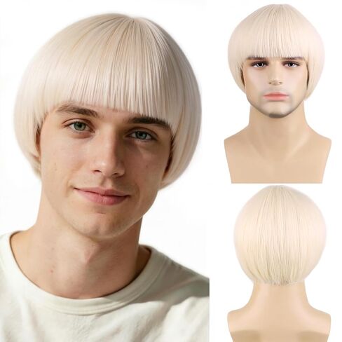 RightOn Short Orange Bowl Cut Wig 80s Outfit for Men Synthetic Orange Mushroom Wigs for Daily Party or Cospaly Hairnet Include in Kuwait