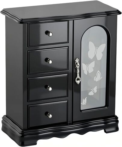 صندوق مجوهرات RR ROUND RICH DESIGN - مصنوع من الخشب الصلب مع منظم 4 أدراج وقلادة مدمجة ومرآة كبيرة باللون الأبيض in Kuwait