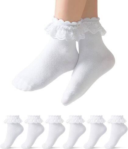 1T-10y Girls White Ruffle Socks Lace Frilly Dress Cotton School Assold Assion Crew Socks for Toddler Little Girls 6 Pack in Kuwait