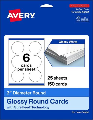 Avery Printable Round Cards with Sure Feed Technology, 3" Diameter, Glossy White Cardstock, Print-to-the-Edge, Laser/Inkjet, 60 Total, Great for Round Business Cards and Note Cards in Saudi Arabia