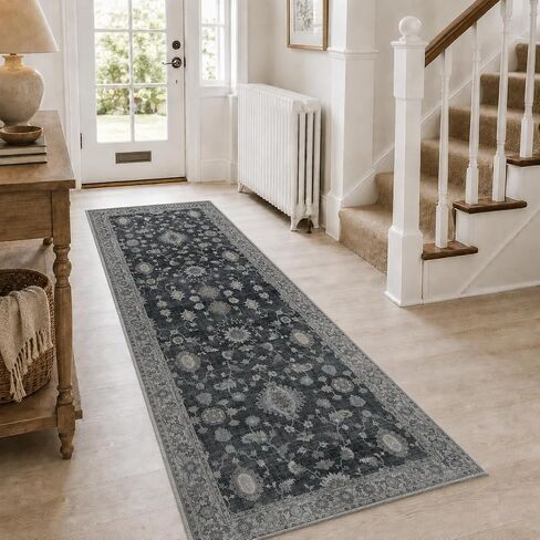 GENIMO Runner Rug for Hallways Machine Washable, 2x5 Non Slip Boho Vintage Lightweight Washable Runners, Thin Floor Rugs for Entryway Hallway Bathroom Laundry Room Corridor, Charcoal in Kuwait