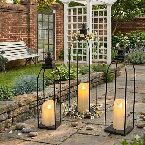 Modern Farmhouse Lantern Decor Outdoor & Indoor- 15'' 12'' Black Metal Candle Lanterns for Christmas, Lanterns Decorative with 2 Flameless Candles for Living Room, Home, Table Centerpiece Decor in Kuwait