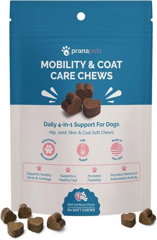 PranaPets Mobility & Coat Care Chews for Dogs & Puppies | Joint Supplement | Skin & Coat Health | Peanut Butter & Jelly Flavor | 90 Soft Chews in Kuwait