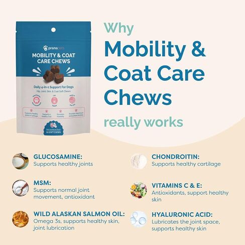 PranaPets Mobility & Coat Care Chews for Dogs & Puppies | Joint Supplement | Skin & Coat Health | Peanut Butter & Jelly Flavor | 90 Soft Chews in Kuwait