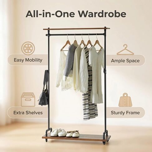 Industrial Pipe Clothing Rack on Wheels, Rolling Iron Garment Racks with Wood Shelves, Commercial Heavy Duty Clothing Racks, Steampunk Clothes Rack Retail (Two Tiers) in Kuwait
