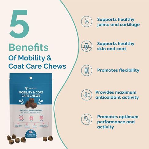 PranaPets Mobility & Coat Care Chews for Dogs & Puppies | Joint Supplement | Skin & Coat Health | Peanut Butter & Jelly Flavor | 90 Soft Chews in Kuwait