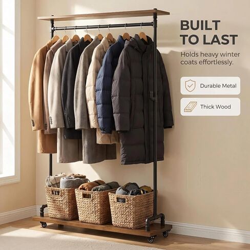 Industrial Pipe Clothing Rack on Wheels, Rolling Iron Garment Racks with Wood Shelves, Commercial Heavy Duty Clothing Racks, Steampunk Clothes Rack Retail (Two Tiers) in Kuwait