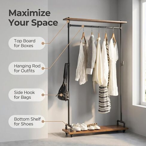 Industrial Pipe Clothing Rack on Wheels, Rolling Iron Garment Racks with Wood Shelves, Commercial Heavy Duty Clothing Racks, Steampunk Clothes Rack Retail (Two Tiers) in Kuwait