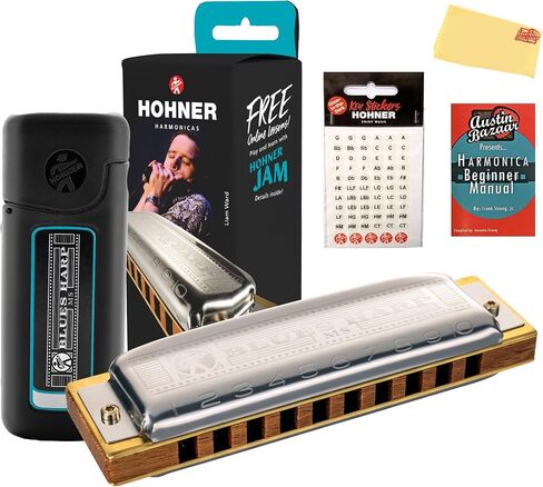 Hohner Harmonica 532 Blues Harp MS - مفتاح حزمة مع ملصقات مفاتيح، ودليل هارمونيكا للمبتدئين، وقماش تلميع أوستن بازار in Kuwait