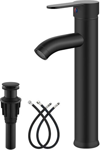 gotonovo Vessel Sink Faucet Modern One Hole Bathroom Faucet Deck Mount Lavatory Vanity Single Handle Mixer Tap with Water Supply Hose and ABS Pop Up Drain Matte Black in Kuwait