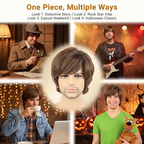 Shaggy Mens Wig Funny 70s Wigs for Men for Disco Rocker Costumes - Short Brown Wig for 60s Cosplay Halloween Parties (Brown) in Kuwait