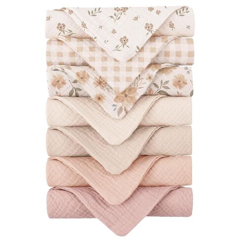 Konssy 7 Pack Muslin Baby Washcloths, Burp Cloths & Wash Cloths for Babies | 11 x 11 In, 100% Cotton, Ultra-Soft & Absorbent, Machine Washable, Baby Bath Towels for Newborns, Girls & Boys (Pink) in Kuwait