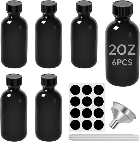 Black 2 oz Glass Boston Bottles with Black Poly Cone Cap, 60ML Round Glass Bottle for Essential Oil, Perfume and Liquid Boston Round Bottles - UV Rays Protection (12) in Kuwait